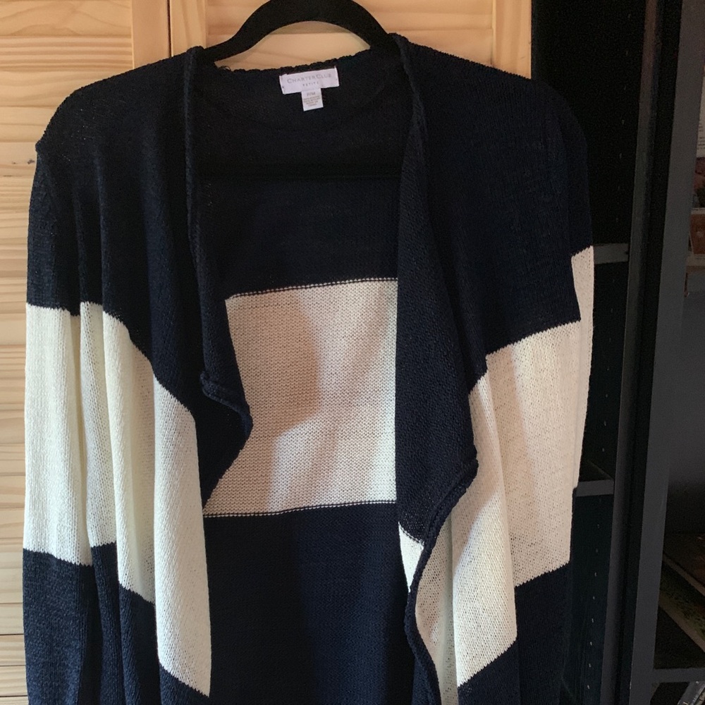 Navy and white buttonless sweater